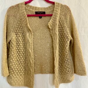 Hand Knit by Fever Gold Sequin Open Front Cardigan Sweater S Falliday  Glam EUC